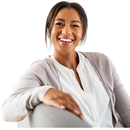 Smiling professional woman Sarah, representing Emotiq™ user insight and confidence